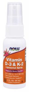 NOW Liposomal Vitamin D3 & K2 (1000 IU/100 mcg), 79 dávok, lipozomálny vitamín D3 a K2 v spreji, 59 ml