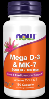 NOW Mega D3 & MK-7, Vitamín d3 5000 IU & Vitamín K2 180 ug, 120 rostlinných kapslí