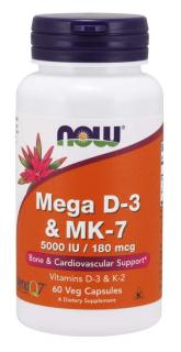 NOW Mega D3 & MK-7, Vitamín d3 5000 IU & Vitamín K2 180 ug, 60 kapsúl