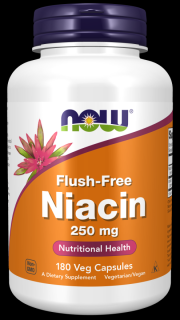 NOW Niacin, Bez vedlejšího účinku zčervenání, 250 mg, 180 rostlinných kapslí