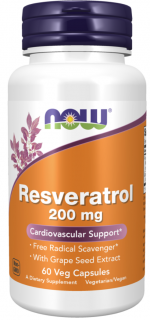 NOW Resveratrol (s extraktem z hroznových jader), 200 mg, 60 rostlinných kapslí  Výživový doplnok