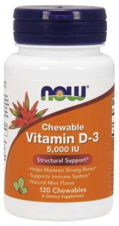 NOW Vitamín D3, 5000 IU, 120 žuvacích pastiliek