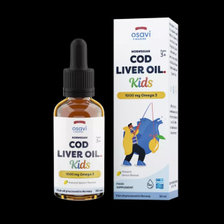 Osavi Norwegian Cod Liver Oil Kids, Norský olej z tresčích jater, pro děti, Omega 3, citrón, 1000 mg, 50 ml  doplnok stravy