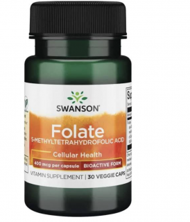 Swanson Folate (5-methyltetrahydrofolát), kyselina listová, 400 mcg, 30 rostlinných kapslí  Výživový doplnok