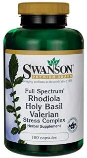 Swanson Full Spectrum Rhodiola Holy Basil Valerian Stres Complex (Rhodiola, Bazalka indická, Kozlík lékařský), 180 kapslí /  Poškozený obal