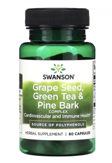 Swanson Grape Seed, Green Tea & Pine Bark Complex,  polyfenoly z hroznových semen, zeleného čaje a kůry borovice, 60 kapslí  Výživový doplnok