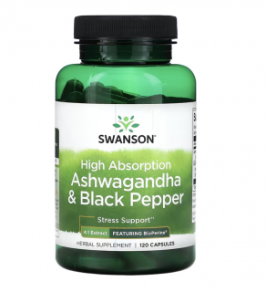 Swanson High Absorption Ashwagandha & Black Pepper, ashwagandha a černý pepř, 120 kapslí  Výživový doplnok