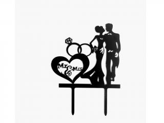 Akrylový svadobný zápich do torty Mr & Mrs so srdcom a obrúčkami