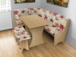 Jedálenská rohová lavica sa štokrlemi a stolom farba lamina: agát (akát), farba čalouněnie: Mega 017 bordo