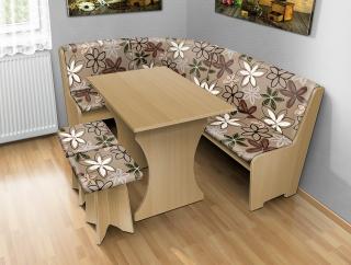Jedálenská rohová lavica sa štokrlemi a stolom farba lamina: buk 381, farba čalouněnie: Mega 017 hnedá