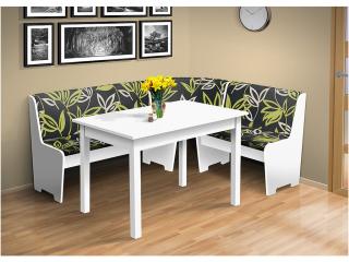 Rohová lavica so stolom farba lamina: biela 113, farba čalouněnie: Mega 13 V2 zelená
