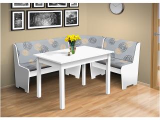 Rohová lavica so stolom farba lamina: biela 113, farba čalouněnie: Mega 31 losos
