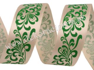 Stuha saténová s kvetinovým ornamentom 25mm/1m Odtieň: Tmavo-zelená