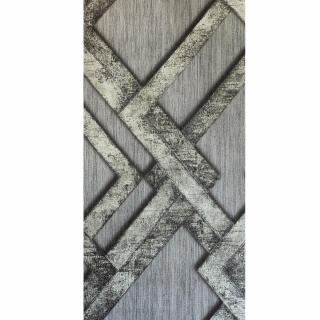 Netkaná tapeta S20512_7, moderný 3D geometrický vzor, sivá s čiernymi detailmi a jemnými trblietkami na tvare