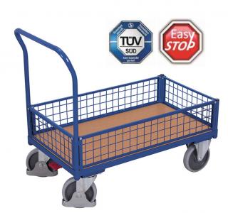 Plošinový vozík s madlom, nízke mrežové bočnice, do 500 kg, 112,5 x 70 x 101,5 cm