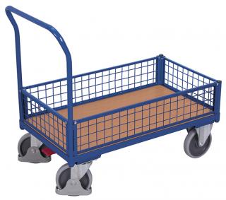 Plošinový vozík s madlom, nízke mrežové bočnice, do 500 kg, Variofit, 101,5 x 132,5 x 80 cm