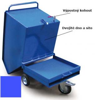 Výklopný vozík na špony, triesky 250 litrov, s dvojitým dnom, sítom a kohútom, modrý