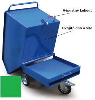 Výklopný vozík na špony, triesky 250 litrov, s dvojitým dnom, sítom a kohútom, zelený