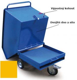 Výklopný vozík na špony, triesky 250 litrov, s dvojitým dnom, sítom a kohútom, žltý