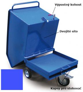 Výklopný vozík na špony, triesky 250 litrov, s kapsami, dvojitým dnom, sítom, kohútom, modrý