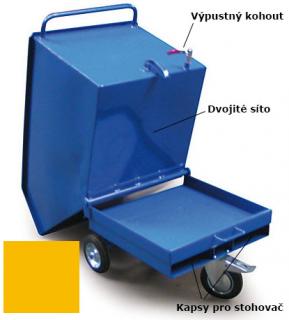 Výklopný vozík na špony, triesky 250 litrov, s kapsami, dvojitým dnom, sítom, kohútom, žltý