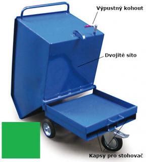 Výklopný vozík na špony, triesky 400 litrov, s kapsami, dvojitým dnom, sítom, kohútom, zelený