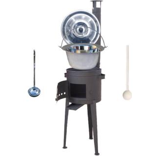 Nerezový kotlík 20 L (1,2 mm) INOX + žiaruvzdorná kotlina s vysokými nožičkami (2,0 mm) HODO 42 cm PLUS 600 + vareška + naberačka