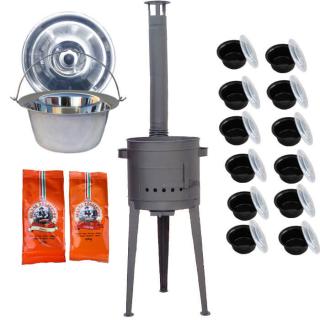 Nerezový kotlík 22 L (0,8 mm) INOX + žiaruvzdorná kotlina s vysokými nožičkami (2,0 mm) HODO 42 cm PLUS 600 + misky 12 ks + 2 x korenie na guláš 100 g