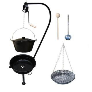 Smaltovaný kotlík 10 L (1,2 mm) + pokrievka + smaltovaná panvica + vareška + naberačka + prenosné ohnisko