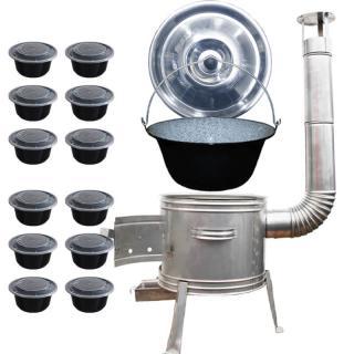 Smaltovaný kotlík 25 L + nerezová kotlina 0,8 mm 42 INOX + plastové boxy (misky) s vrchnákom 12 ks