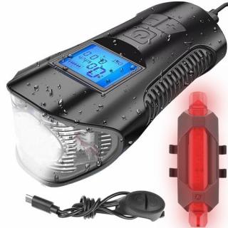 Vodeodolné LED svetlo na bicykel USB tachometer el.zvonek 150dB