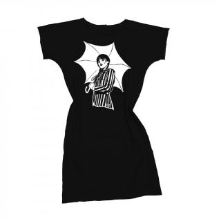 Dámske tričkové šaty Wednesday Free Why čierne (Dámske letné tričkošaty volnejšieho strihu s ikonickou potlačou Wednesday.)