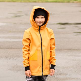 Detská softshell bunda horčicová (Softshellová bundy s reflexnou potlačou na chrbáte pre maximálnu bezpečnosť.)