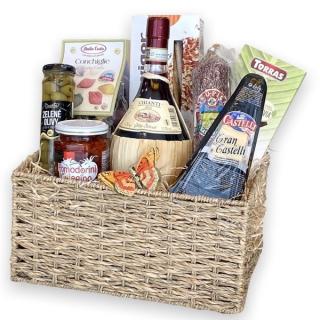 DARČEKOVÝ KÔŠ  CHIANTI  (Kúsok Talianska v praktickom košíku. Urobte radosť milovníkom talianskeho jedla. Tento darčekový košík plný lahôdok a talianskeho červeného vína Chianti určite poteší každého, kto ho dostane.)