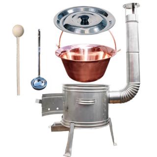 Goulash Cauldron kotlík na guláš meď 1,2 mm 10 l, pokrievka nerez 37 cm INOX, Goulash Cauldron kotlina nerez 31 cm TOPLUX, vareška 50 cm SMREK, naberačka antikor INOX