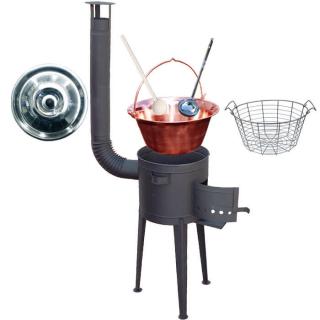 Goulash Cauldron kotlík na guláš meď 1,2 mm 20 l, pokrievka nerez 46 cm INOX, Goulash Cauldron drôtený kôš 18 l, Goulash Cauldron vysoká žiaruvzdorná kotlina 42 cm PLUS 600, vareška 50 cm SMREK, naberačka antikor INOX