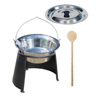 Goulash Cauldron kotlík na guláš nerez 0,8 mm 22 l, pokrievka nerez 48 cm INOX, Goulash Cauldron chránič ohňa 44 cm KOV, vareška 50 cm SMREK