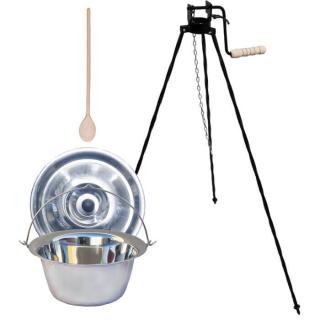 Goulash Cauldron kotlík na guláš nerez 1,2 mm 20 l INOX, Goulash Cauldron pokrievka nerez 46 cm INOX, Goulash Cauldron špeciálna trojnožka s poistnou kladkou 1,25 m VAR, Goulash Cauldron naberačka antikor INOX