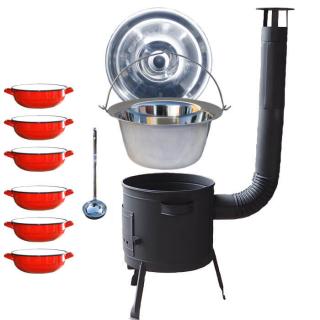 Goulash Cauldron kotlík na guláš nerez 1,2 mm 20 l INOX, pokrievka nerez 46 cm INOX, Goulash Cauldron nízka žiaruvzdorná kotlina 42 cm PLUS 600, Retro selské misky smalt 6 ks, naberačka antikor INOX