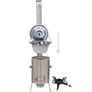 Goulash Cauldron kotlík na guláš nerez 1,2 mm 20 l INOX, pokrievka nerez 47 cm INOX, Goulash Cauldron kotlina nerez 42 cm LUX, KEMPER liatinový plynový horák (varič) 7 kW, vareška 50 cm SMREK, naberačka antikor INOX