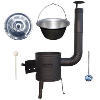 Goulash Cauldron kotlík na guláš nerez 1,5 mm 10 l, pokrievka nerez 37 cm INOX, Goulash Cauldron nízka žiaruvzdorná kotlina 33 cm PLUS 700, vareška 50 cm SMREK, naberačka antikor INOX