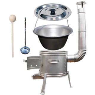 Goulash Cauldron kotlík na guláš nerez 1,5 mm 15 l, pokrievka nerez 42 cm INOX, Goulash Cauldron kotlina nerez 36 cm TOPLUX, vareška 50 cm SMREK, naberačka antikor INOX