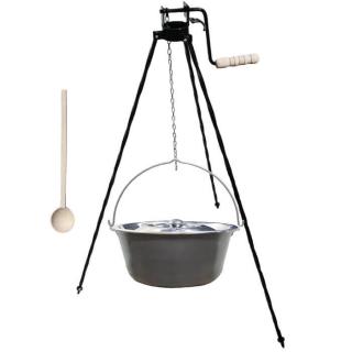 Goulash Cauldron kotlík na guláš nerez 1,5 mm 20 l, Goulash Cauldron pokrievka nerez 46 cm INOX, Goulash Cauldron špeciálna trojnožka s poistnou kladkou 1,25 m VAR, vareška 50 cm SMREK