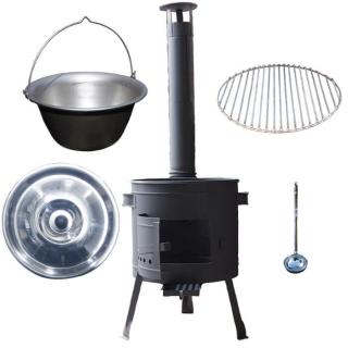 Goulash Cauldron kotlík na guláš nerez 1,5 mm 20 l, pokrievka nerez 46 cm INOX, rošt ma grilovanie nerez 45 cm, Goulash Cauldron žiaruvzdorná kotlina 42 cm PLUS 600, naberačka antikor INOX