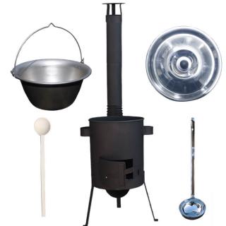 Goulash Cauldron kotlík na guláš nerez 1,5 mm 30 l, pokrievka nerez 48 cm INOX, vysoká žiaruvzdorná kotlina 45 cm, zosilnený rošt 4 mm PLUS 600, vareška 50 cm SMREK, naberačka antikor INOX