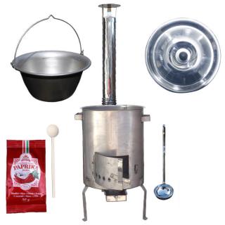 Goulash Cauldron kotlík na guláš nerez 1,5 mm 30 l, pokrievka nerez 50 cm INOX, Goulash Cauldron kotlina nerez 1,5 mm 45 cm STRONG EXCLUSIVE, vareška 50 cm SMREK, naberačka antikor INOX, paprika GURMÁN 50 g