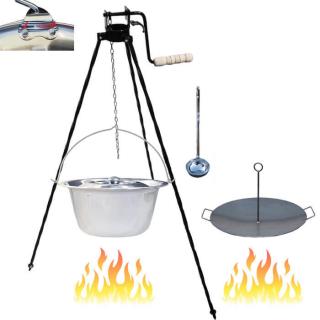 Goulash Cauldron kotlík na guláš s nitmi antikor 0,8 mm 15 l, Goulash Cauldron pokrievka nerez 43 cm INOX, BBQ Panvica závesná na grilovanie železo 49 cm UNI, Goulash Cauldron špeciálna trojnožka s poistnou kladkou 1,25 m VAR, naberačka antikor INOX