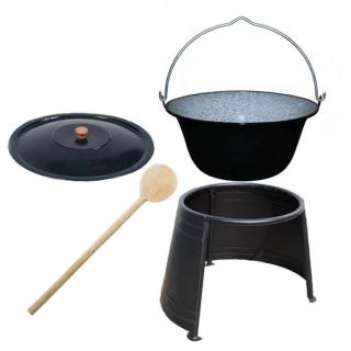 Goulash Cauldron kotlík na guláš smalt 1,2 mm 10 l, pokrievka smalt 34 cm, Goulash Cauldron chránič ohňa 37 cm KOV, vareška 50 cm SMREK