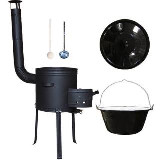 Goulash Cauldron kotlík na guláš smalt 1,2 mm 13 l, Goulash Cauldron kotlina s vysokými nožičkami 36 cm KOV, Goulash Cauldron pokrievka smalt 40 cm, naberačka antikor INOX, vareška 50 cm SMREK