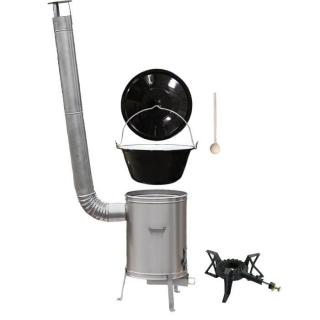 Goulash Cauldron kotlík na guláš smalt 1,2 mm 20 l, pokrievka smalt 49 cm, Goulash Cauldron kotlina nerez 42 cm LUX, KEMPER liatinový plynový horák (varič) 7 kW, vareška 50 cm SMREK